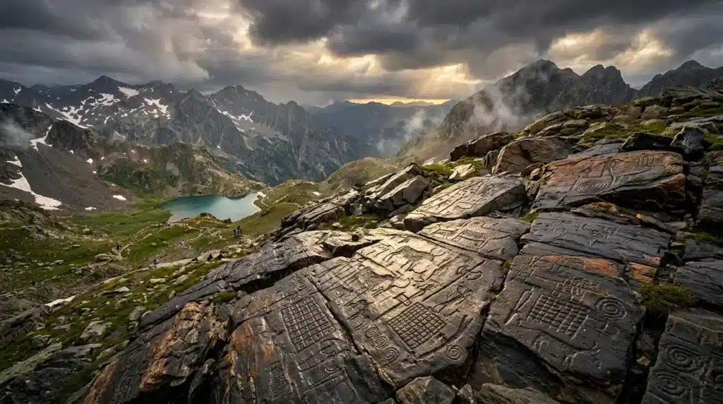 Roches gravées surplombant un lac de montagne et chaîne alpine