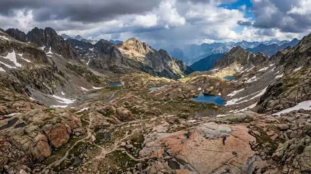 Randonneur solitaire dans vallée alpine avec lacs et pics rocheux