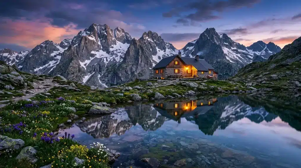 Chalet illuminé face aux pics enneigés reflétés dans le lac