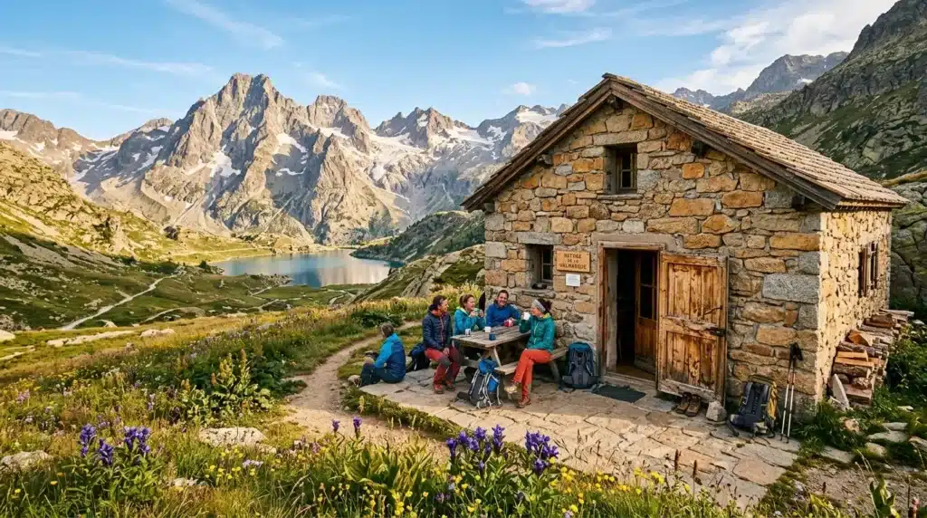 Groupe de randonneurs devant refuge montagne, lac et sommets enneigés