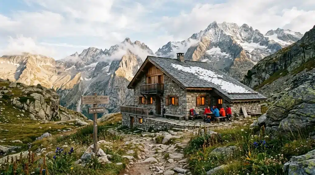Refuge de montagne en pierre avec randonneurs dans les Alpes