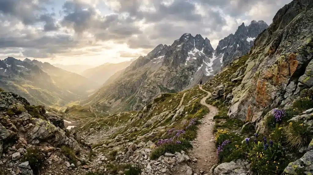 Sentier montagnard avec fleurs violettes et pics rocheux