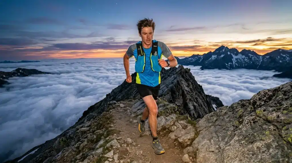 Coureur de montagne en trail au coucher de soleil