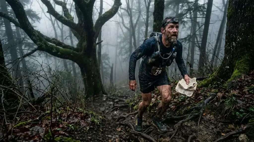 Coureur de trail avec dossard dans forêt brouillard