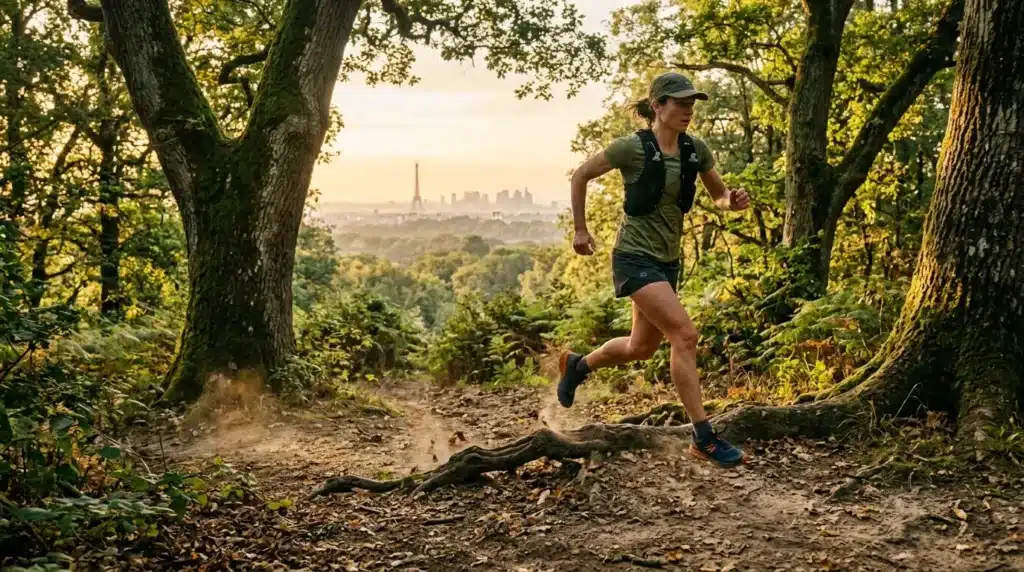Femme qui court en forêt avec la Tour Eiffel en arrière-plan