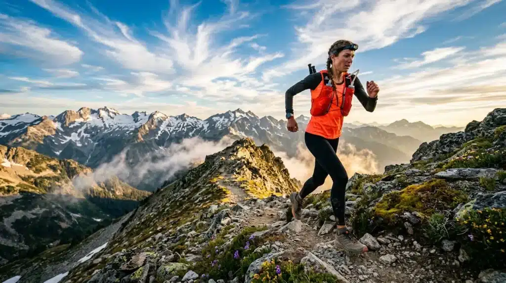Femme courant sur sentier montagneux avec paysage alpin