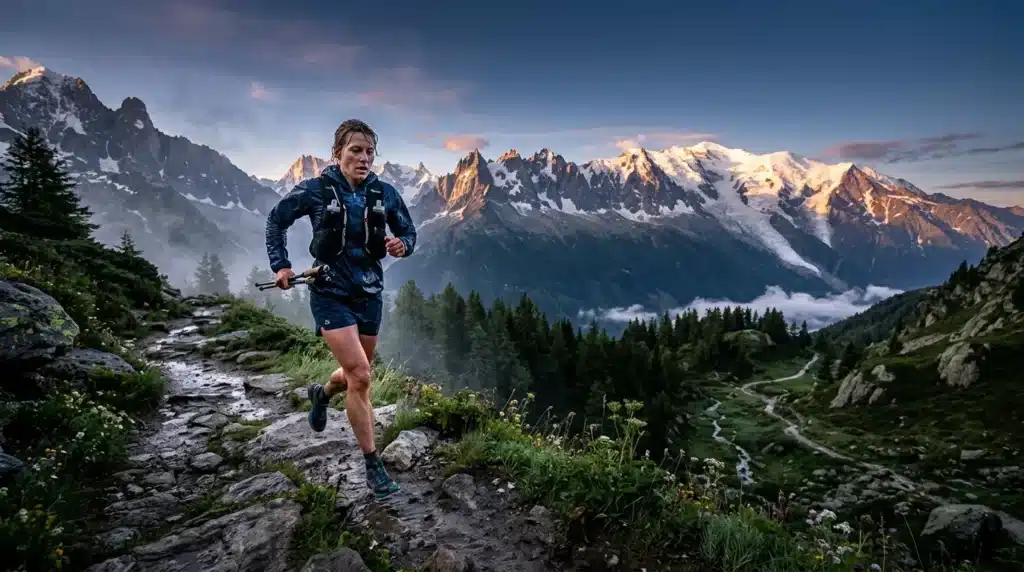 Coureur trail en montagne avec pics enneigés en arrière-plan