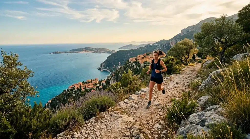 Femme trail running sur sentier côtier méditerranéen