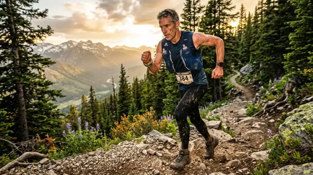 Coureur de trail en montagne avec paysage alpin et forêt