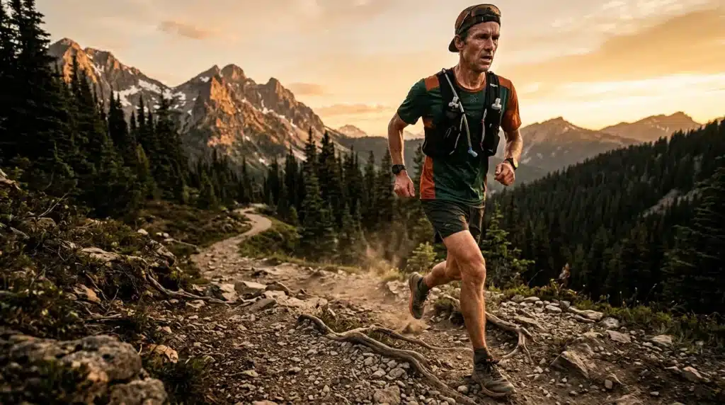 Coureur de trail en montagne avec paysage alpin au coucher de soleil