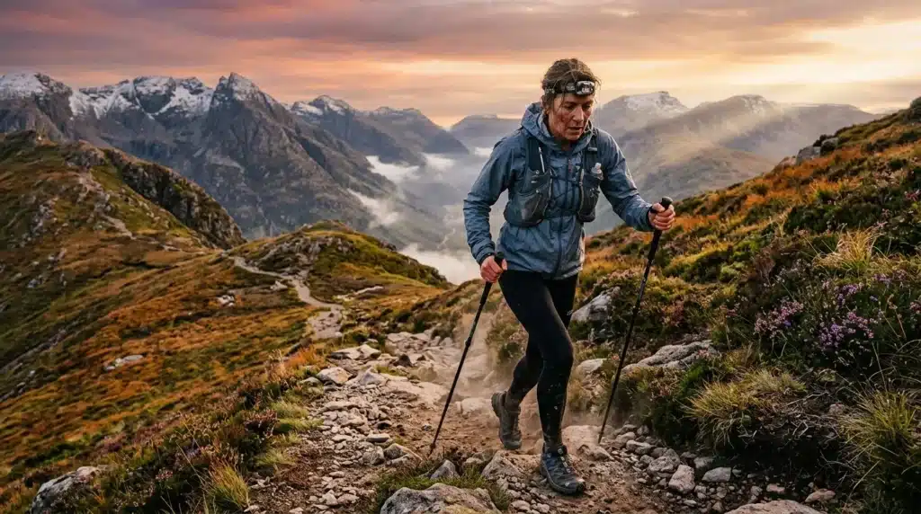 Coureur trail dans les Alpes avec montagnes enneigées en arrière-plan