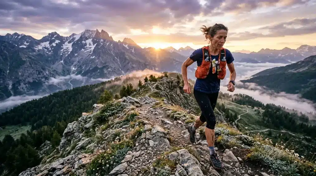 Femme courant sur sentier montagneux avec pics enneigés