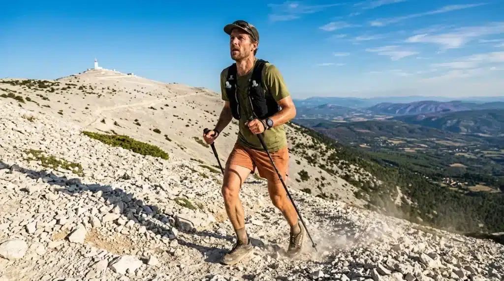 Coureur en trail descendant montagne calcaire avec vue vallée