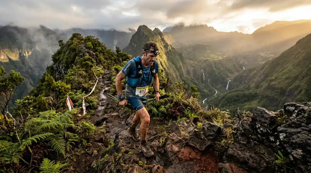 Coureur de trail en montagne verdoyante avec vallées brumeus