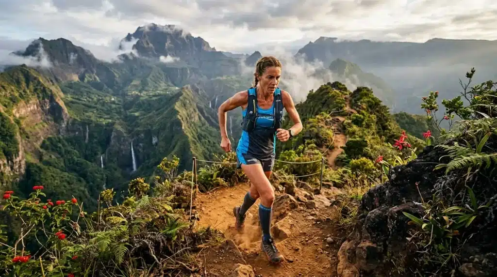 Femme coureur trail dans montagnes vertes avec vallées